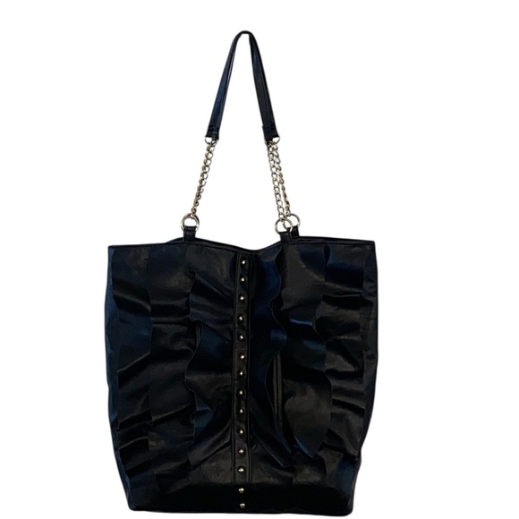 DSW Y2K Large Black Ruffle Gold Studded Tote Bag with Chain Straps - Picture 2 of 8